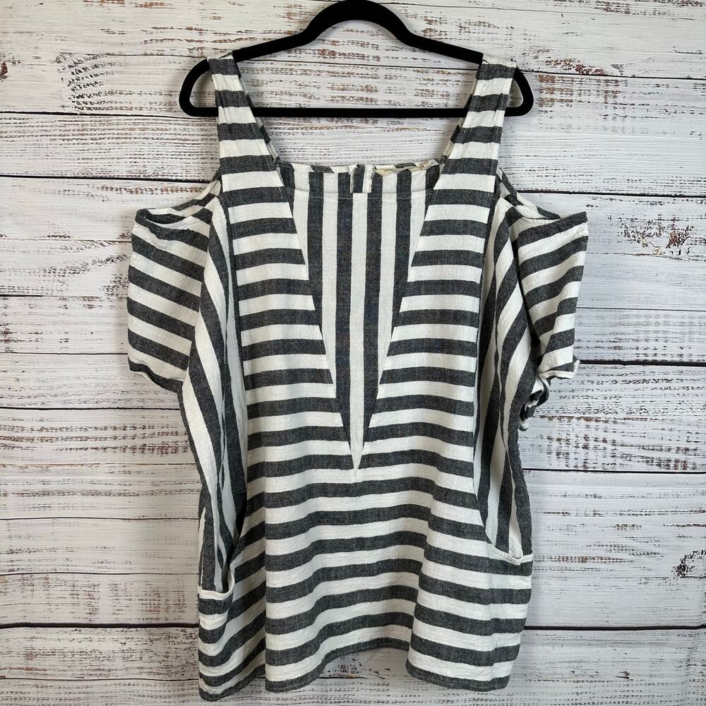 Soft Surrounding Black Striped Cold Shoulder Linen Blend Tunic Top Womens Sz 2X